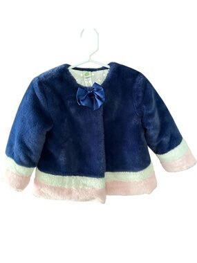Little Me Faux Fur Navy Blue Pink Snap Front Bow Lined Fall Spring Coat Size 2T